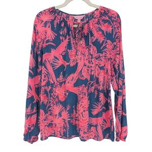 Lilly Pulitzer Elsa Top Women M Pink Navy Tropical Bird Resort Preppy Coastal